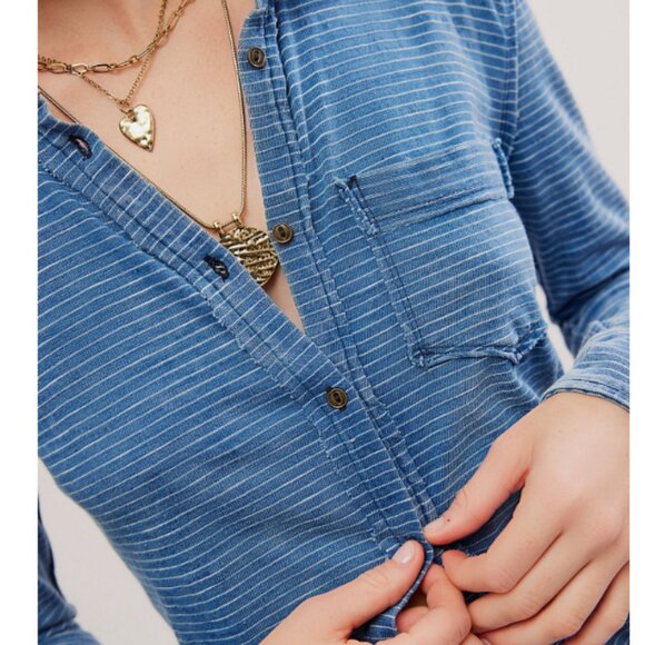 We The Free Blue Blue Shirting in Blue Combo Lightweight Boho Minimalist Sz M - Picture 3 of 7